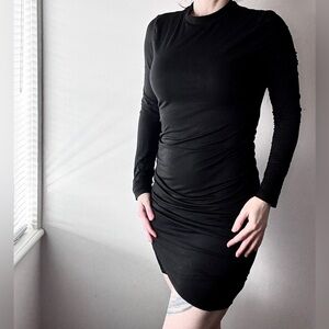 Black Long Sleeve Bodycon Mini Dress Cutout Back Ruched Goth Minimalist S NWT